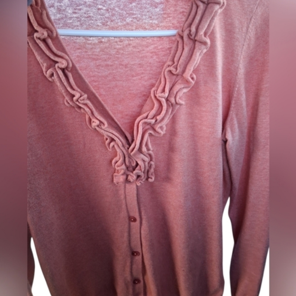 Talbots Ruffled V-Neck Cardigan in Rose - Picture 2 of 3